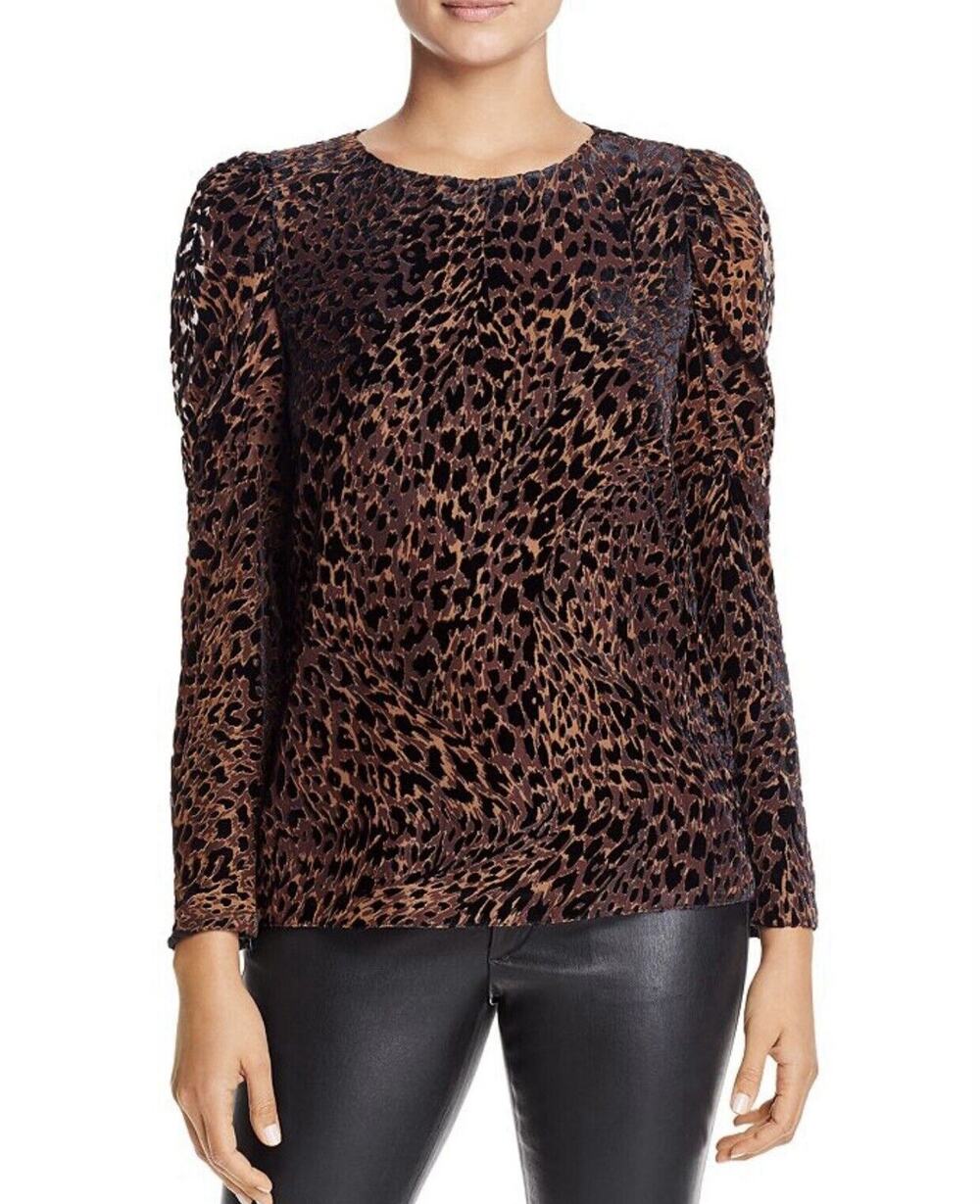 Elie Tahari Noelle Leopard Puff Sleeve Top Brown Long Sleeve Small